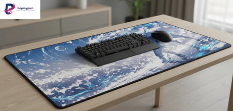 Tapis de souris Renard Mystique - Design Zen & Sérénité Bleue sur un bureau avec clavier et souris.