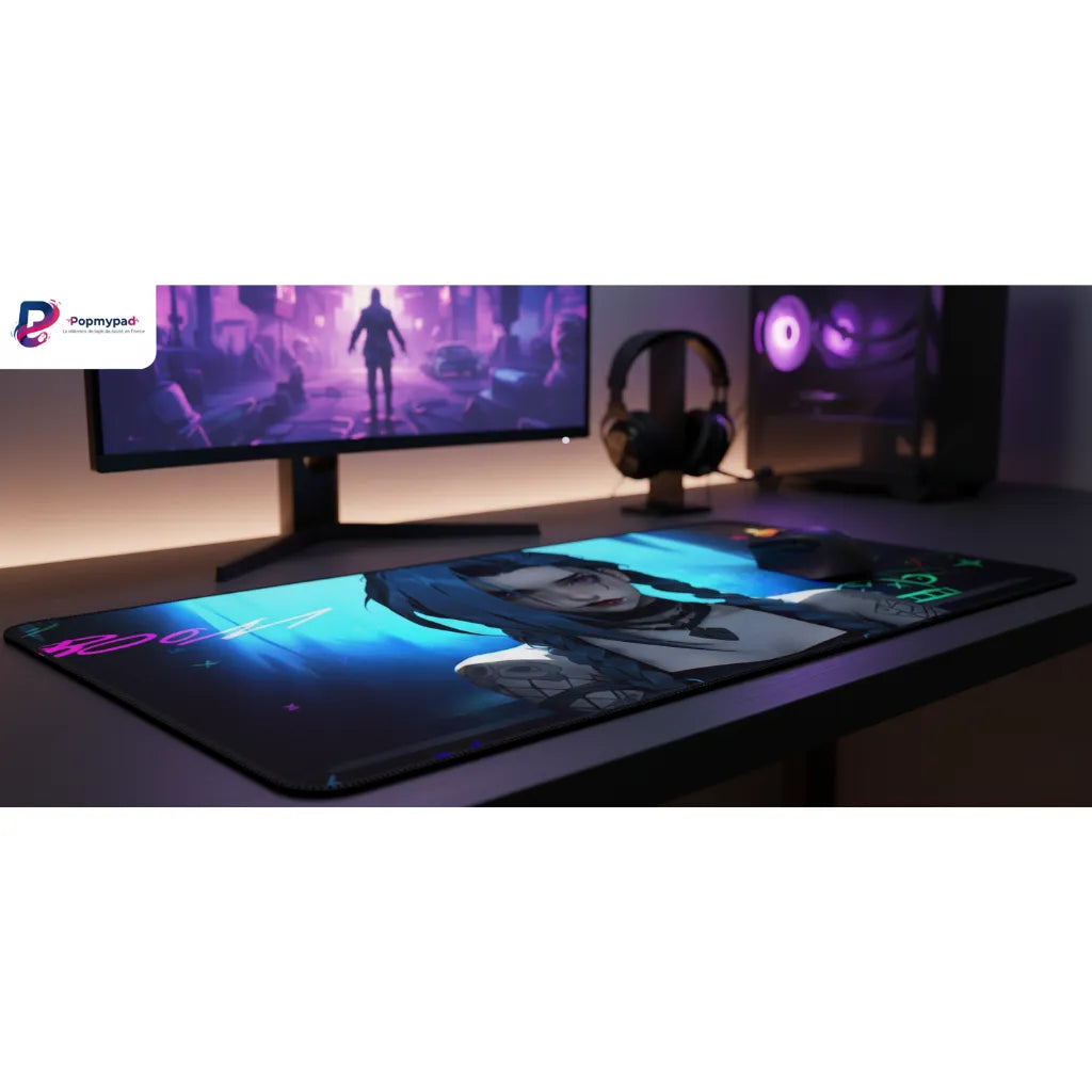 Tapis de souris Jinx "BOOM" - Design Néon Haute Définition pour Setup Gaming sur un bureau moderne.