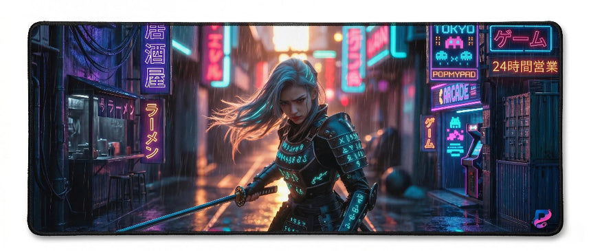 PopMyPad - Tapis de Souris Gamer - XXL 400x900mm - Cyberpunk Samurai Tokyo Neon