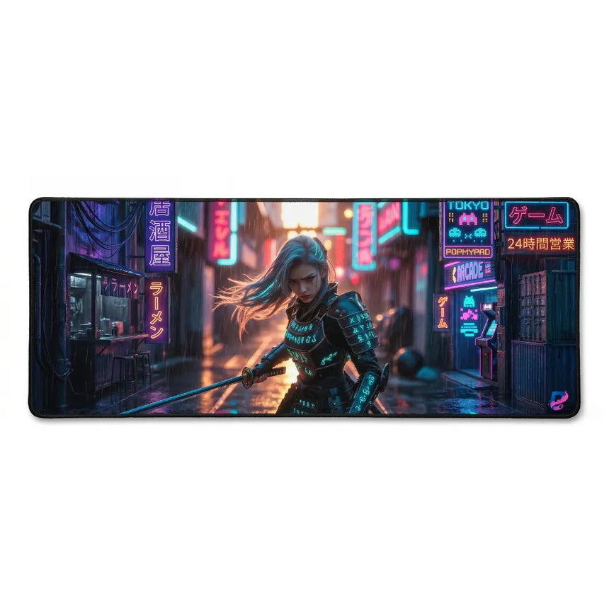 PopMyPad - Tapis de Souris Gamer - XXL 400x900mm - Cyberpunk Samurai Tokyo Neon