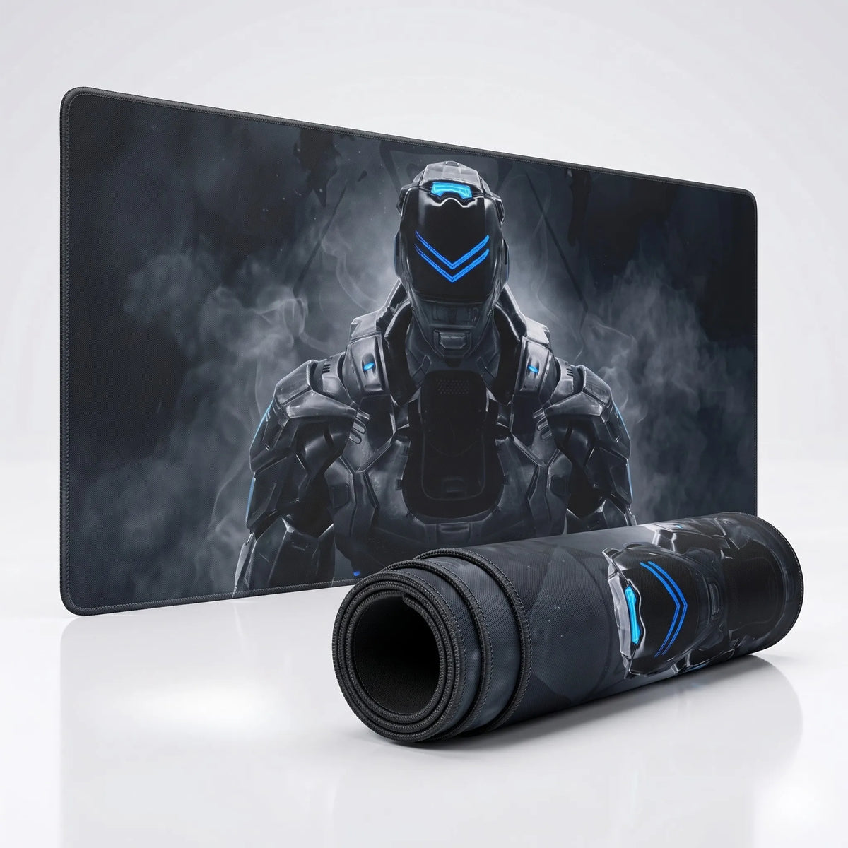 Blue Neon Cyborg XXL gaming mouse pad by PopMyPad, shown standing and rolled
