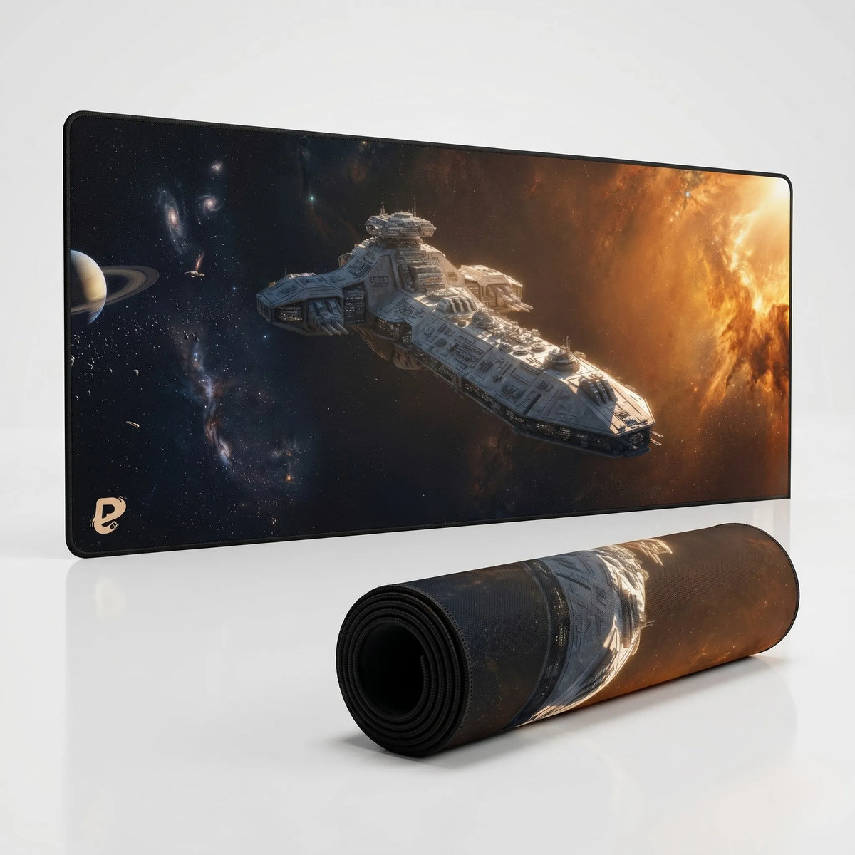 Interstellar Ship XXL gaming mouse pad by PopMyPad, shown standing and rolled