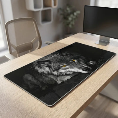 PopMyPad Gaming Mouse Pad XL/XXL Desk Mat - Alpha Wolf Yellow Eyes (Black and White)