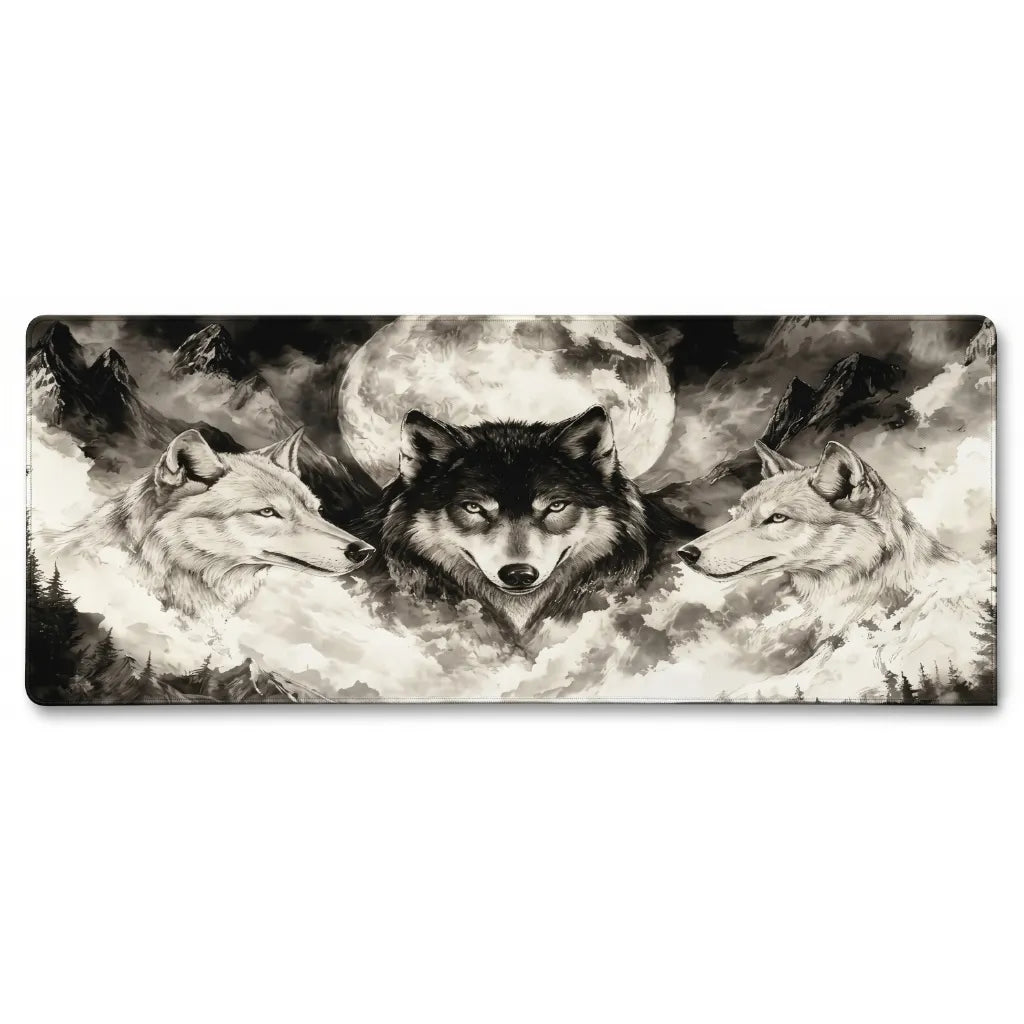PopMyPad Gaming Mouse Pad XL/XXL Desk Mat - Three Wolves & Full Moon (Black and White)