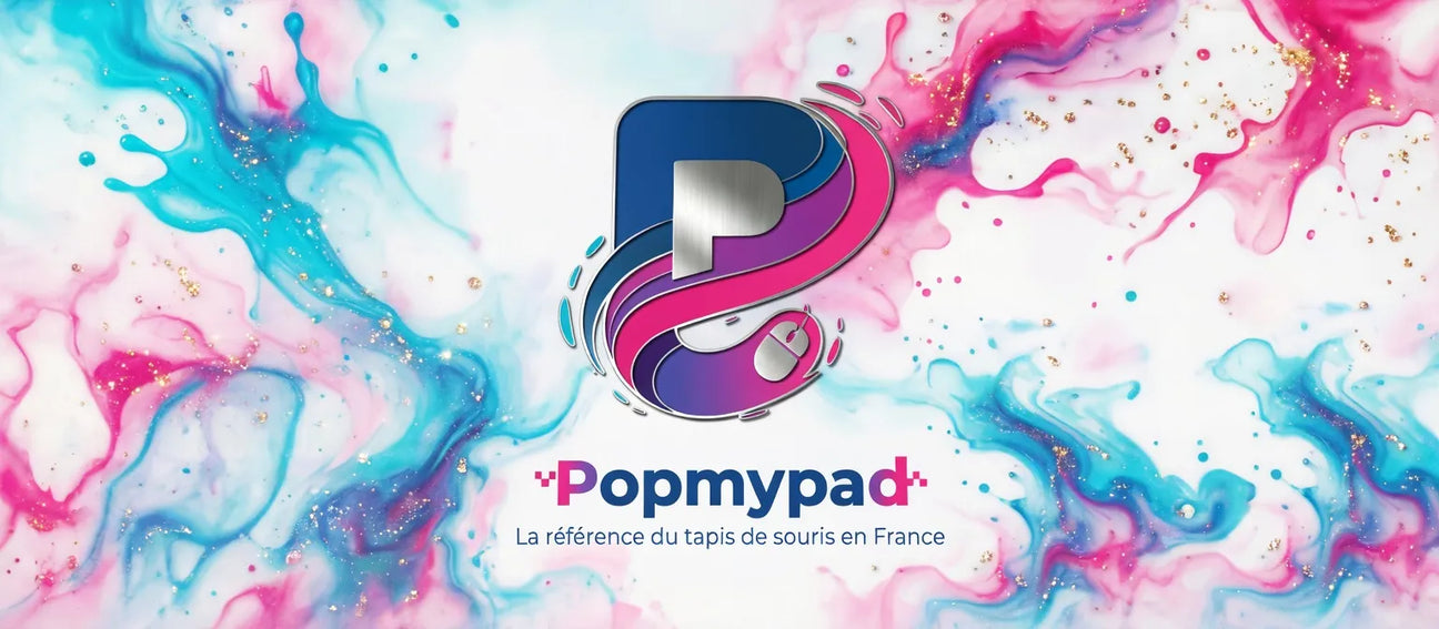 Tapis de Souris XXL Personnalisé - Votre Propre Image (900x400mm) - Création Unique - PopMyPad logo sur fond coloré.