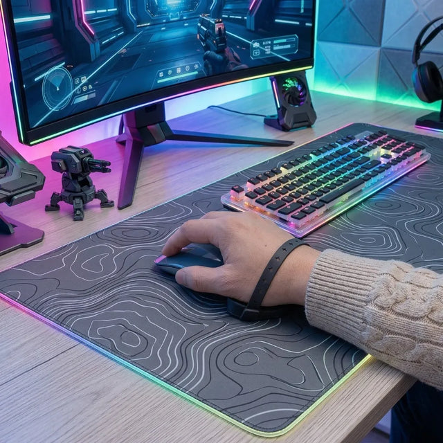 Repose-poignet Gaming G-Series - Ergonomie & Performance | Popmypad sur un bureau de gaming avec clavier et écran lumineux.