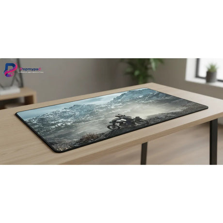 Tapis de Souris Days Gone Edition  Précision & Survie en Haute Montagne sur un bureau en bois, image de moto dans la montagne.