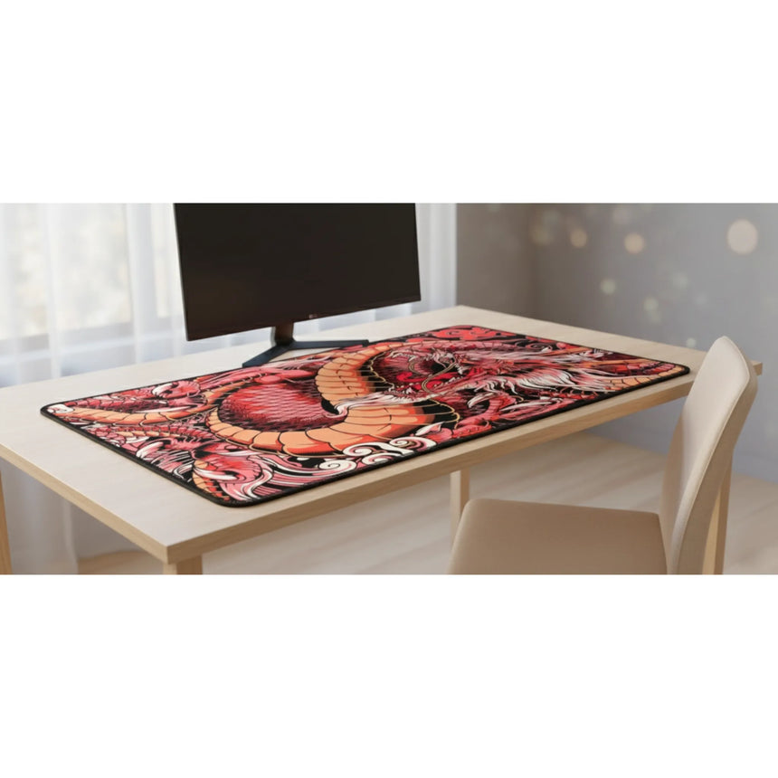 Tapis de Souris Dragon Oriental Rouge - Édition Mythique XXL sur un bureau moderne avec ordinateur.
