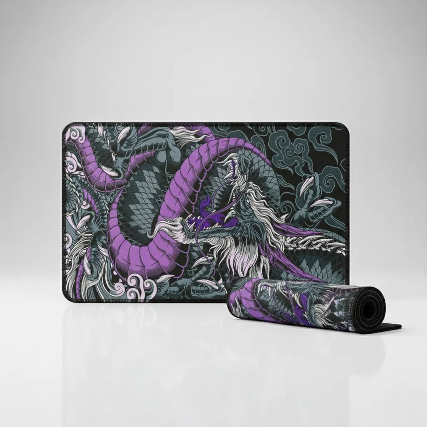 Tapis de Souris Gamer Dragon Japonais - Violet & Noir - Édition Mythologique XXL avec design de dragon ancestral.