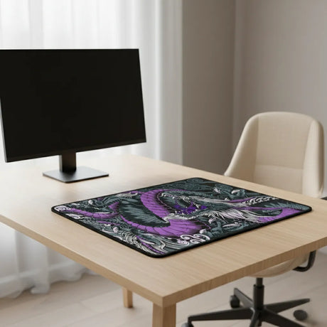 Tapis de Souris Gamer Dragon Japonais - Violet & Noir - Édition Mythologique XXL sur un bureau moderne