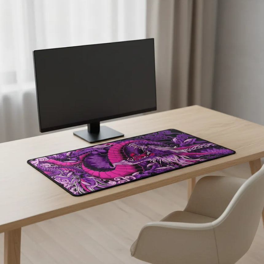 Tapis de Souris Gamer Dragon Japonais - Violet & Noir - Édition XXL sur un bureau moderne avec écran.