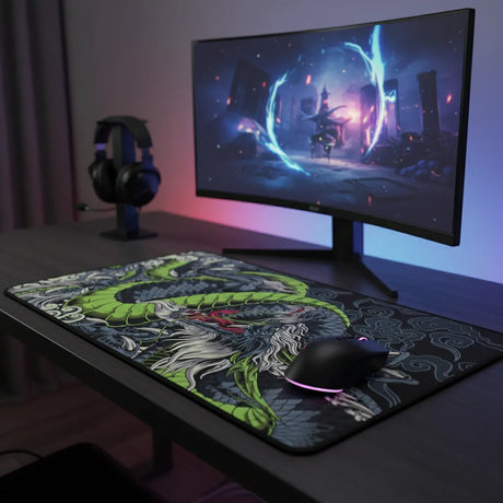 Tapis de Souris Gamer XXL - Dragon Japonais Vert & Noir sur un bureau avec écran de jeu et casque.