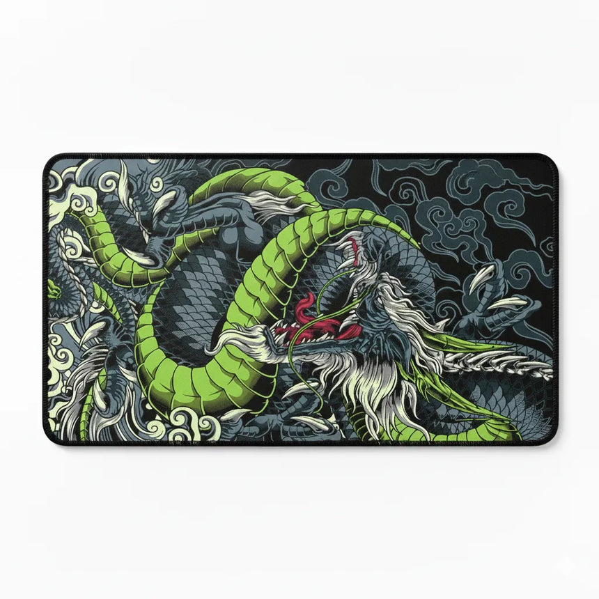 Tapis de Souris Gamer XXL - Dragon Japonais Vert & Noir avec design émeraude vibrant et illustrations détaillées.