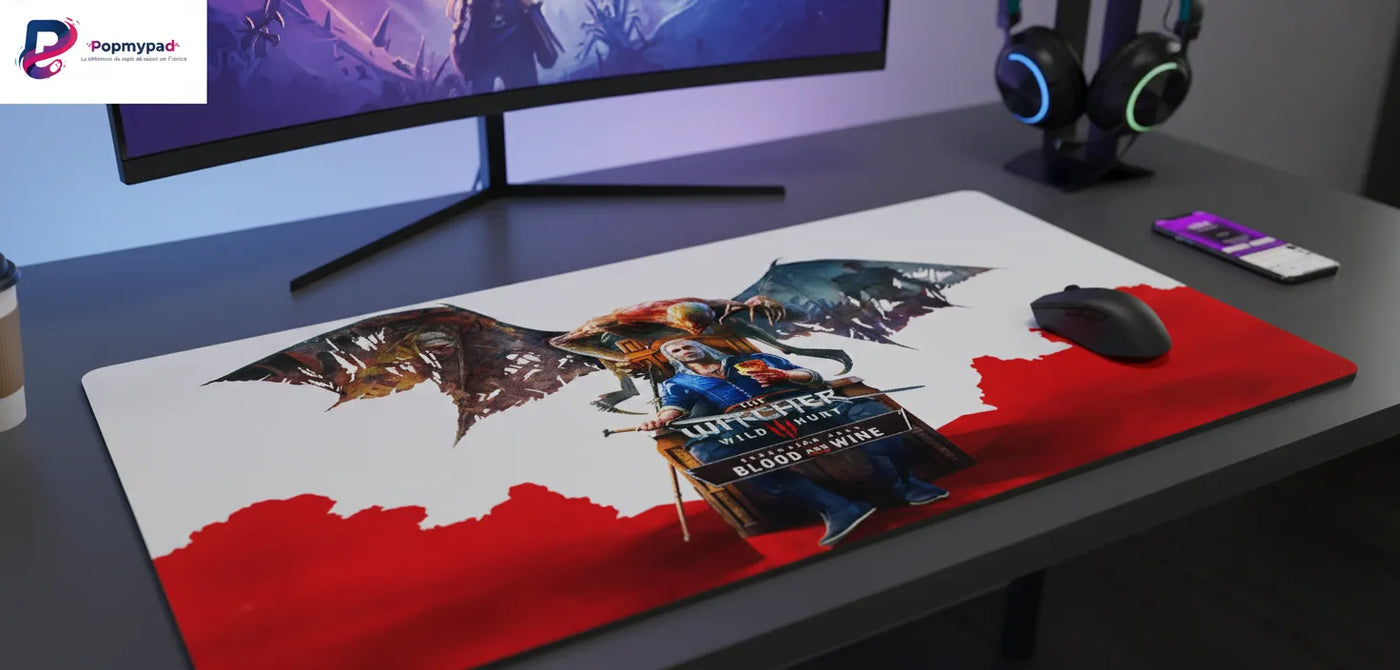 Tapis de Souris Gaming - The Witcher 3 : Blood and Wine - Glisse Ultime sur un bureau de gaming avec casque et moniteur.