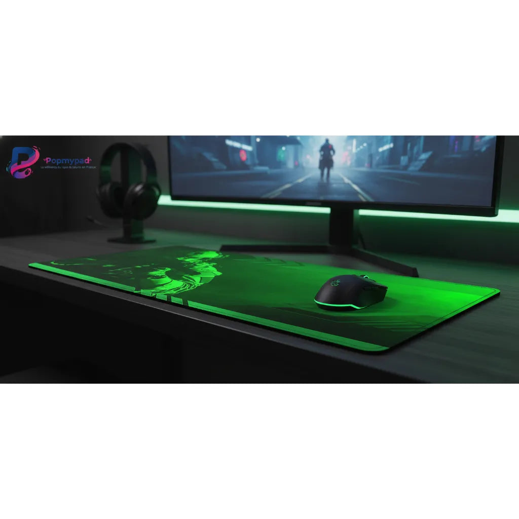 Tapis de Souris Gaming Counter-Strike - Édition Tactique Green Ops sur un bureau avec un ordinateur et un casque.