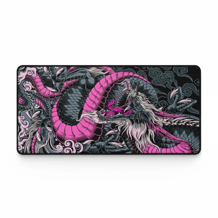 Tapis de Souris Gaming Dragon Néon Rose & Noir - XXL avec design de dragon sur fond sombre.