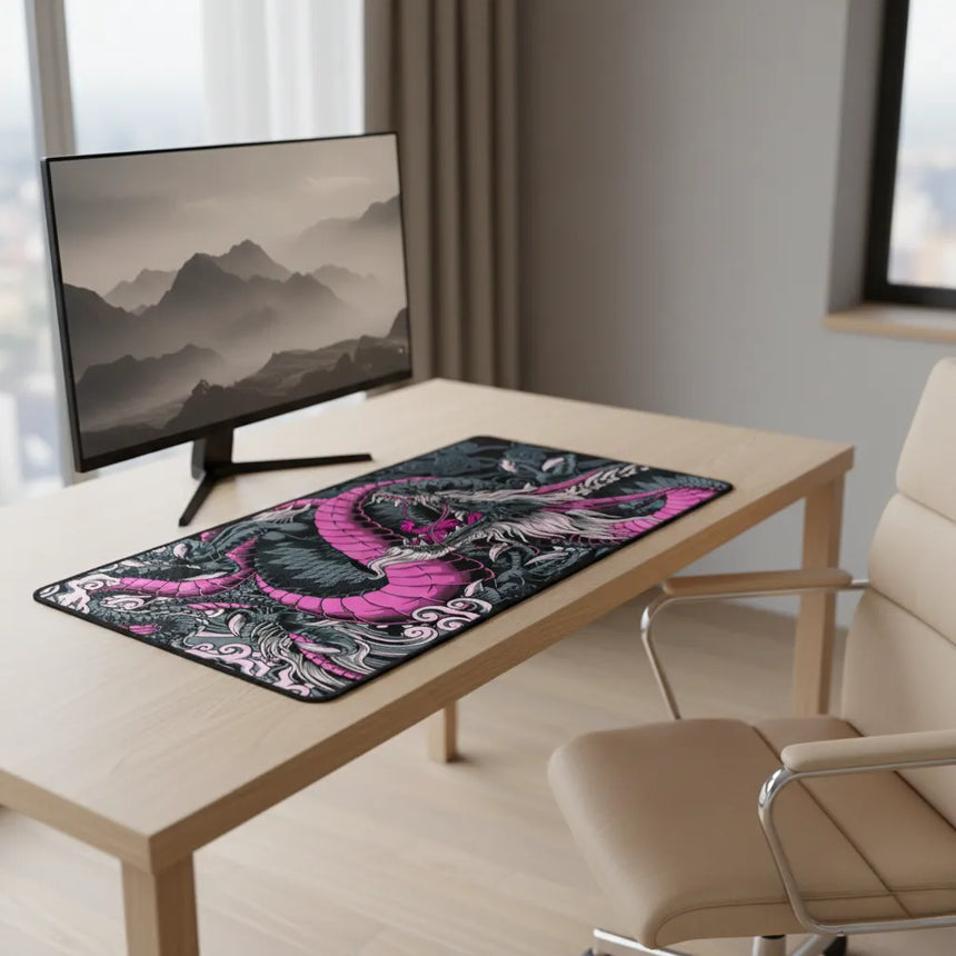 Tapis de Souris Gaming Dragon Néon Rose & Noir - XXL sur un bureau avec un écran d'ordinateur en arrière-plan.