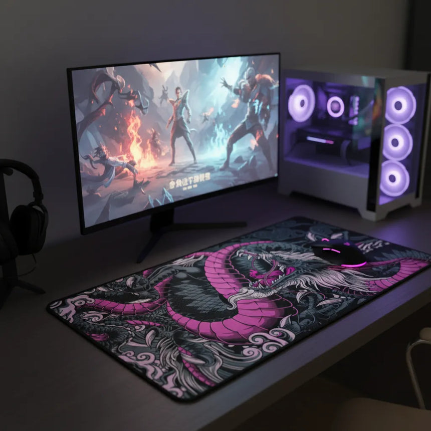 Tapis de Souris Gaming Dragon Néon Rose & Noir - XXL sur un bureau gaming avec pc et écran.