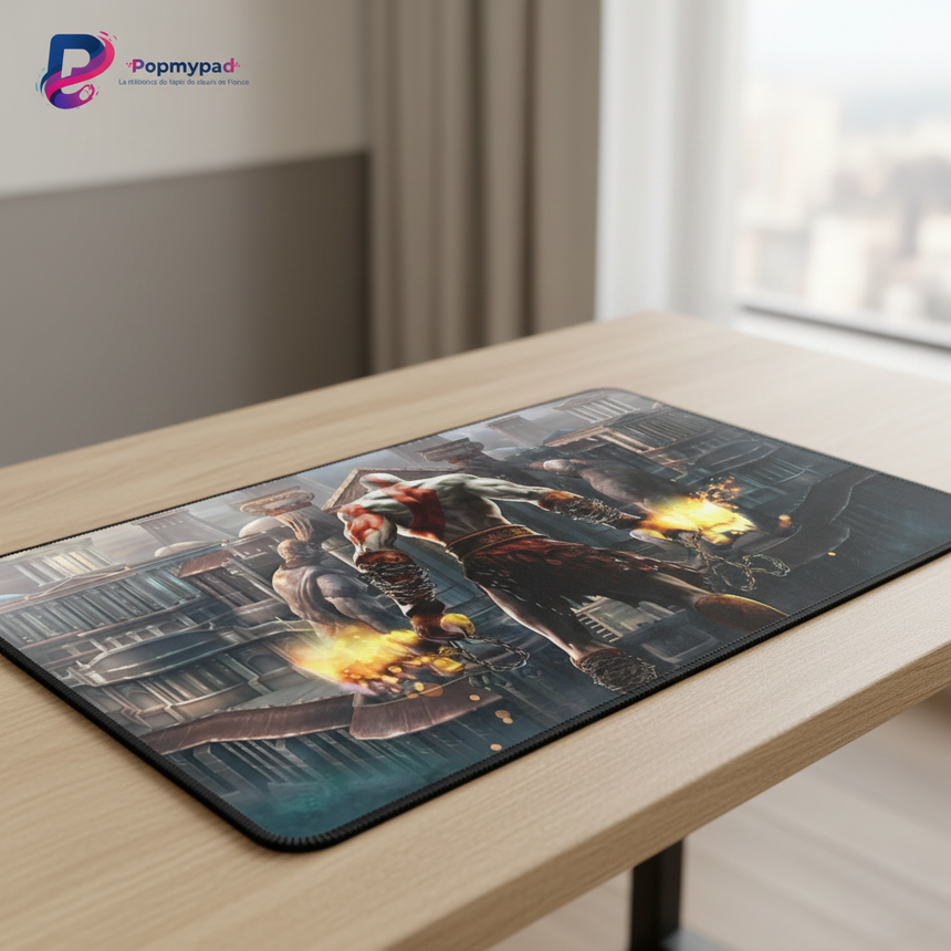 Tapis de Souris Gaming God of War - Edition Kratos : La Furie de l'Olympe sur un bureau moderne.