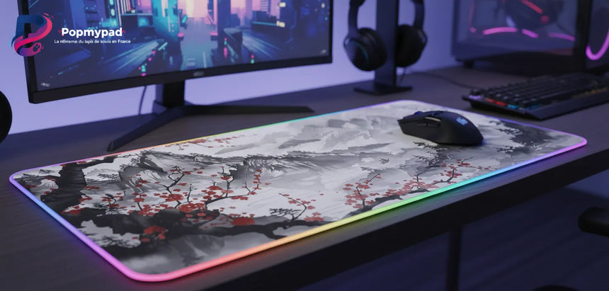 Japanese Gaming Mouse Pad - Traditional Sumi-e Landscape & RGB
