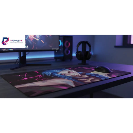 Tapis de Souris Gaming Jinx - League of Legends - Édition Artistique Chaos sur un bureau avec un ordinateur et un casque.