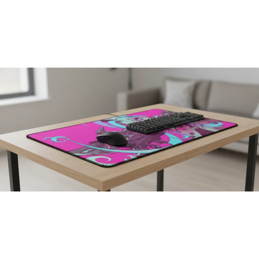 Tapis de Souris Gaming Jinx - League of Legends Édition Cannon Néon sur un bureau avec un clavier et une souris.