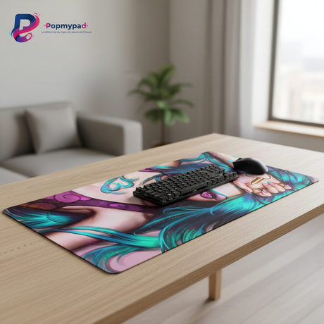 Tapis de Souris Gaming League of Legends - Édition Spectral Blue XXL sur un bureau avec un clavier et une souris