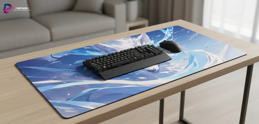 Tapis de Souris Gaming Renard des Glaces - Design Onirique & Zen sur un bureau moderne avec clavier et souris.