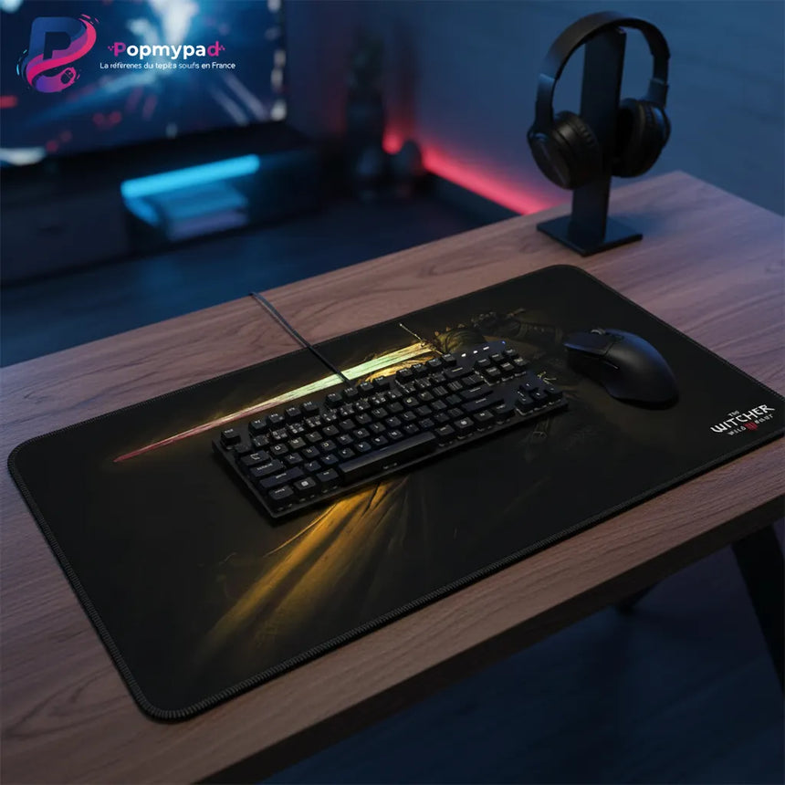 Tapis de Souris Gaming The Witcher - Édition Collector Esport sur un bureau avec clavier et casque.
