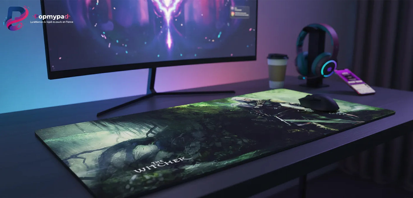 Tapis de Souris Gaming The Witcher - Édition Geralt de Riv Chasseur de Monstres sur un bureau moderne