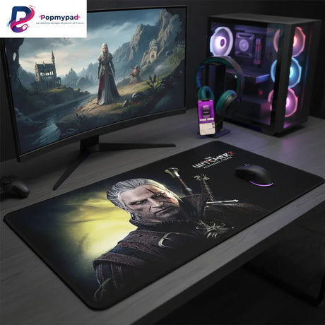 Tapis de Souris Gaming The Witcher 2 - Geralt de Riv - Édition Esport XXL sur un bureau moderne avec un écran de jeu.