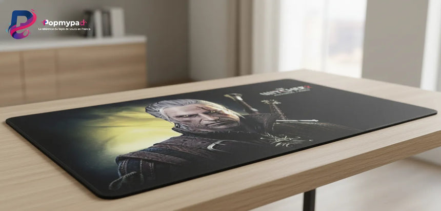 Tapis de Souris Gaming The Witcher 2 - Geralt de Riv - Édition Esport XXL sur une table en bois.