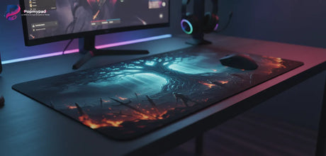 Tapis de Souris Gaming World of Warcraft - Édition Arbre-Monde & Champ de Bataille sur un bureau, devant un écran.