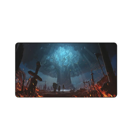 Tapis de Souris Gaming World of Warcraft - Édition Arbre-Monde & Champ de Bataille avec un arbre mystique et épées légendaires.