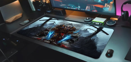 Tapis de Souris Gaming World of Warcraft - Édition Worgen Warrior XXL sur un bureau de gaming.