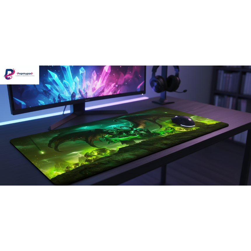 Tapis de Souris Gaming World of Warcraft - Illidan Puissance Gangrenée (XXL) sur un bureau moderne