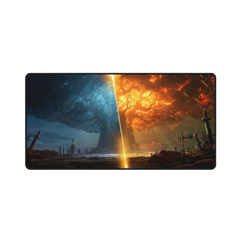 Tapis de Souris Gaming XXL - Édition Dualité : Feu & Glace avec motif arbre de vie en feu et glace