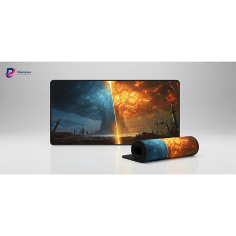 Tapis de Souris Gaming XXL - Édition Dualité : Feu & Glace avec design saisissant de feu et glace.