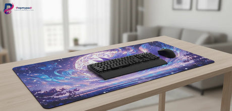 Tapis de Souris Gaming & Bureau — Renard Céleste Onirique sur un bureau moderne avec clavier et souris.
