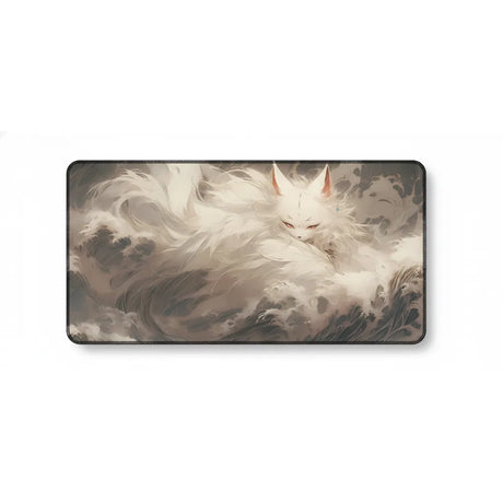 Tapis de Souris Gaming & Bureau — Renard Kitsune Zen — Design Japonais Épuré avec illustration d'un renard dans des vagues.