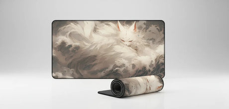 Tapis de Souris Gaming & Bureau — Renard Kitsune Zen — Design Japonais Épuré dans des nuances de beige et blanc cassé.