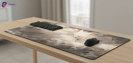Tapis de Souris Gaming & Bureau — Renard Kitsune Zen — Design Japonais Épuré sur un bureau avec clavier et souris.