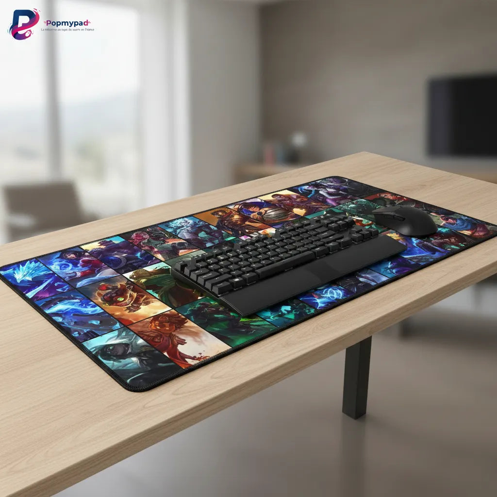 Tapis de Souris League of Legends - Mosaïque Champions XXL sur une table avec un clavier et une souris.