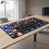Tapis de Souris League of Legends - Mosaïque Champions XXL sur une table avec un clavier et une souris.