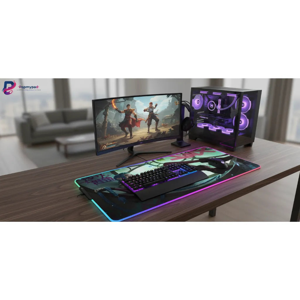 Tapis de Souris League of Legends Jinx - Édition RGB Ultra-Précise sur un bureau moderne avec écran et PC gamer.