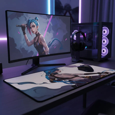 Tapis de Souris LoL Jinx - Édition Limitée The Loose Cannon sur un bureau avec un écran de jeu.