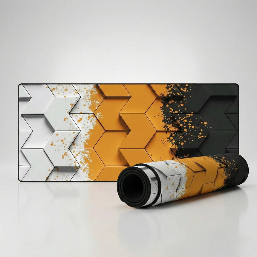 Polygon 3D Mouse Pad — Geometric Design Orange & Black