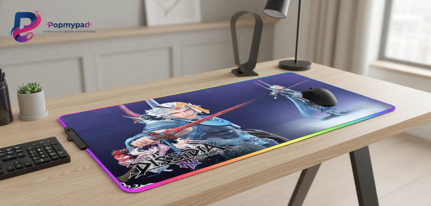 Tapis de Souris RGB Dissidia Final Fantasy NT - Édition Onion Knight sur un bureau moderne avec un éclairage dynamique.