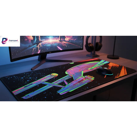Tapis de Souris Star Trek - Édition Limitée USS Enterprise NCC-1701 Néon sur un bureau avec un écran de gaming.