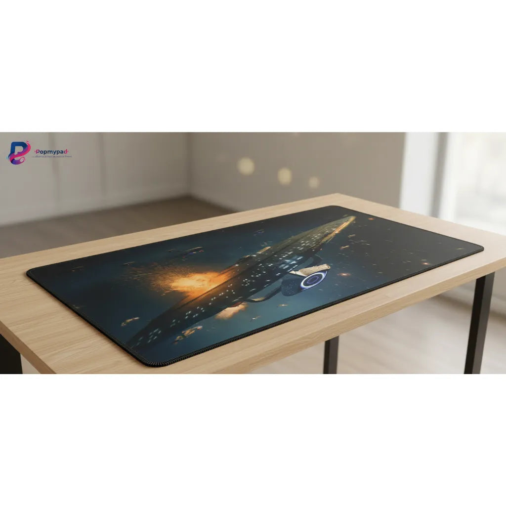 Tapis de Souris Star Trek : L'USS Enterprise-E en Plein Combat Spatial sur un bureau moderne.